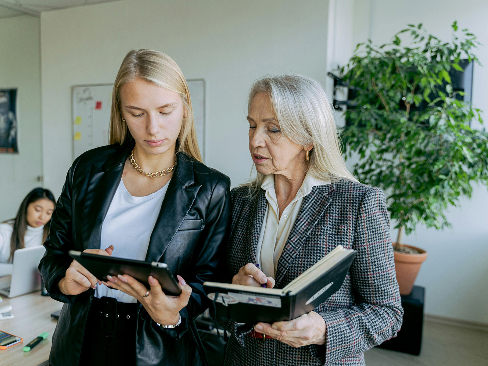 Warren UC - Private International College Consulting - How Important Are Internships for Business School Applications blog post - Young and older woman with laptop in office - Pexels Antoni Shkraba